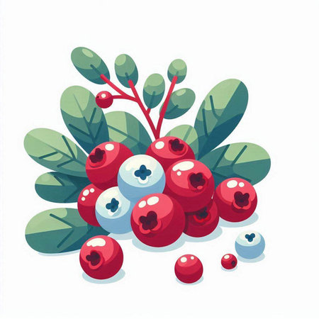 Cranberry with green leaves isolated on white background. Vector illustration.のイラスト素材