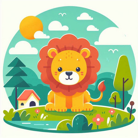 Cute lion in the park. Vector illustration in flat style.のイラスト素材