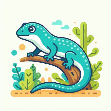 Cute little lizard sitting on a branch. Vector illustration in cartoon style.のイラスト素材
