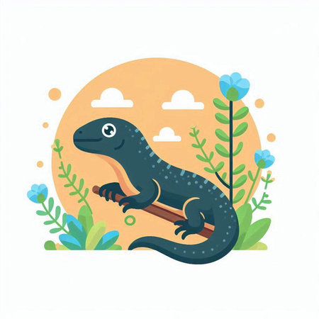 Lizard in the jungle. Vector illustration in flat cartoon style.のイラスト素材
