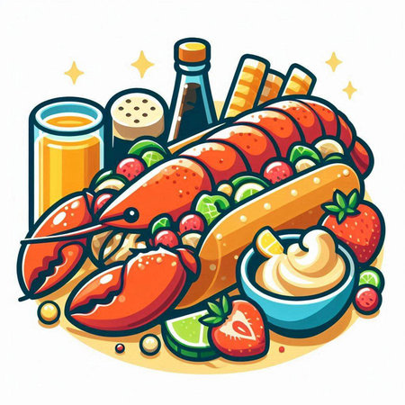 Illustration of hot dog with sauces and fruits on white background.のイラスト素材