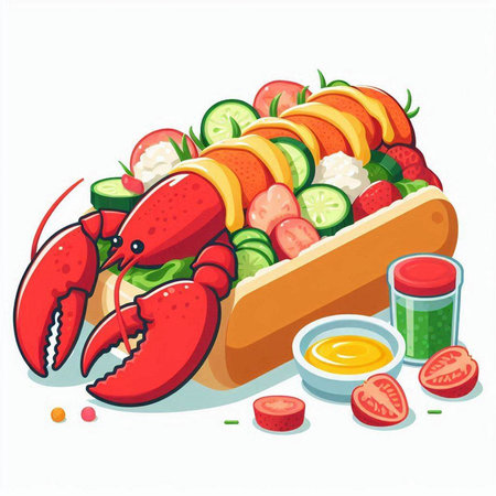 Illustration of a lobster with fresh vegetables and sauce on a white backgroundのイラスト素材