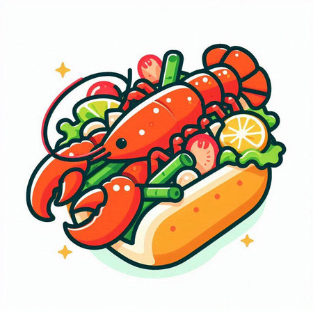 Illustration of a hot dog with lobster and vegetables on a white backgroundのイラスト素材
