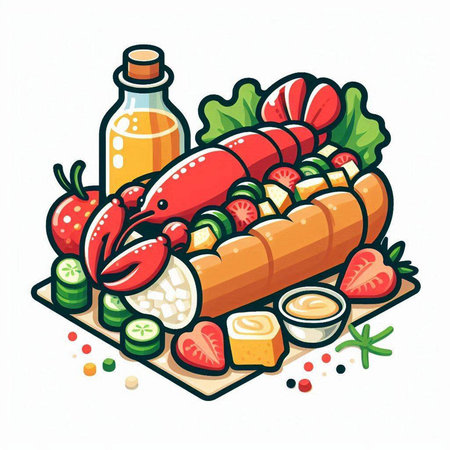 Lobster hot dog with sauce and vegetables. Vector illustration.のイラスト素材