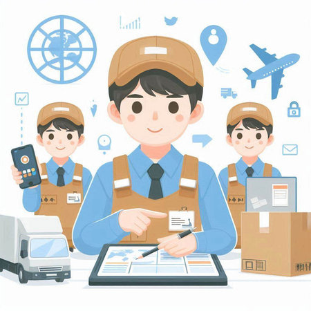 Delivery man with parcels and contact us icons. Vector illustration in cartoon style.のイラスト素材