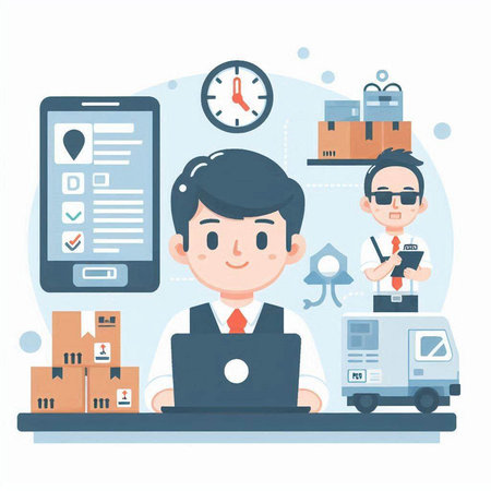 Businessman working at his desk in front of a laptop. Vector illustration.のイラスト素材