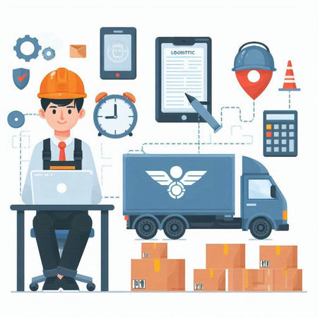 Warehouse worker with laptop and delivery truck. Flat style vector illustration.のイラスト素材