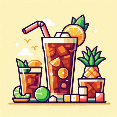 Cocktail with ice and fruits. Vector illustration in flat styleのイラスト素材