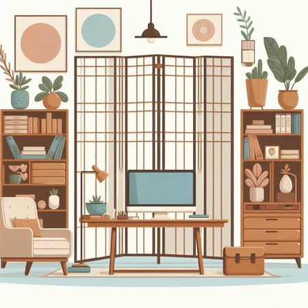 Illustration of living room interior with furniture, tv, bookshelf, coffee table, bookshelf, armchair and plant.のイラスト素材