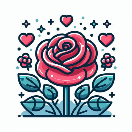 Vector line art illustration of red rose on white background with hearts.のイラスト素材