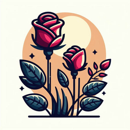 Vector illustration of rose flower with leaves and moon in the background.のイラスト素材