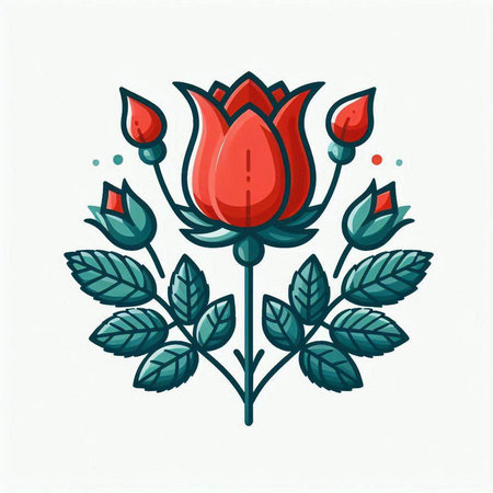 Red rose with green leaves. Vector illustration isolated on white background.のイラスト素材