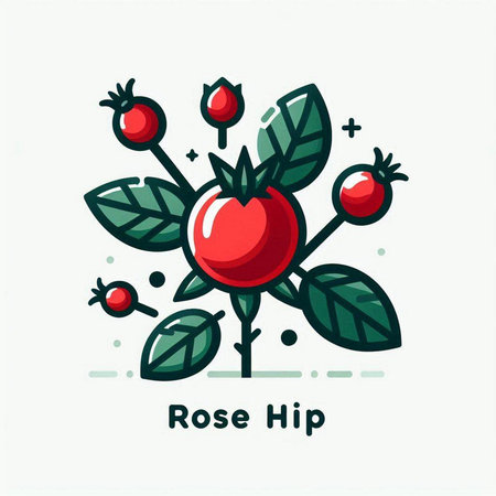 Vector icon of rose hip with leaves and berries. Flat linear style.のイラスト素材
