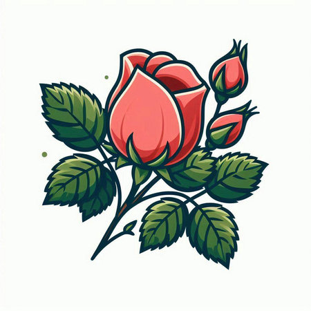 Illustration of a red rose with green leaves on a white backgroundのイラスト素材