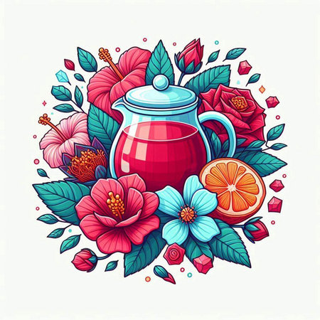 Hand drawn vector illustration of a glass teapot with fruit and flowers.のイラスト素材