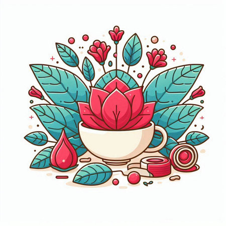 Cup of tea with flowers, leaves and drops. Vector illustration.のイラスト素材