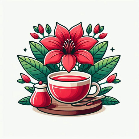 Cup of tea with red flower and green leaves. Vector illustration.のイラスト素材