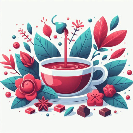 Cup of tea with leaves and berries. Vector illustration in flat style.のイラスト素材