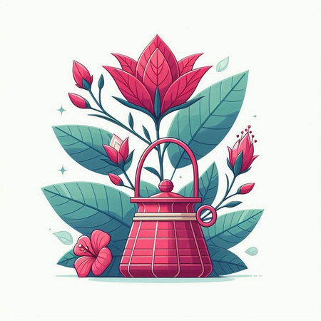 Hand drawn vector illustration of a red handbag with flowers and leavesのイラスト素材