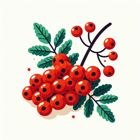 Rowan berry with green leaves and red berries. Vector illustration.のイラスト素材