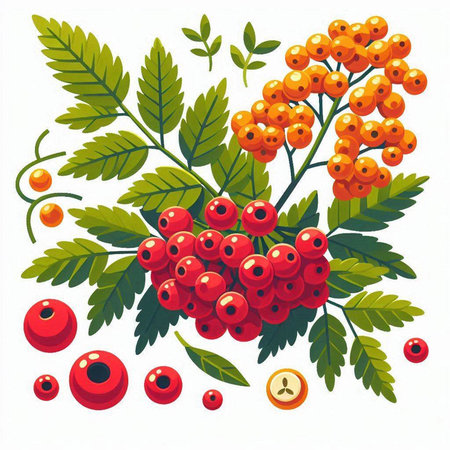 Branch of rowan with berries and leaves. Vector illustration.のイラスト素材