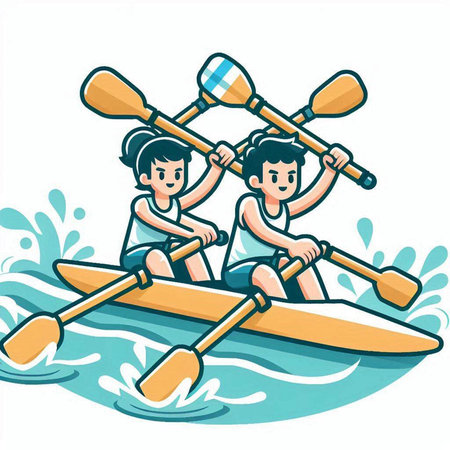 Boy and girl rowing on a kayak. Vector illustration.のイラスト素材