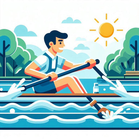 Man rowing on a rowing boat. Flat style vector illustration.のイラスト素材