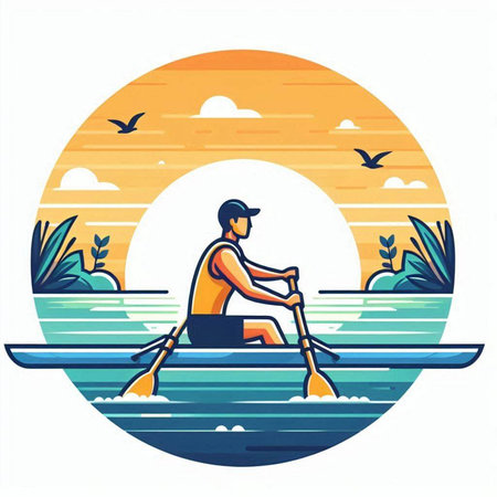 Man rowing a boat on the river. Vector illustration in flat styleのイラスト素材