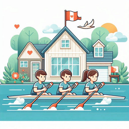 Family rowing on the river in front of the house. Vector illustration.のイラスト素材