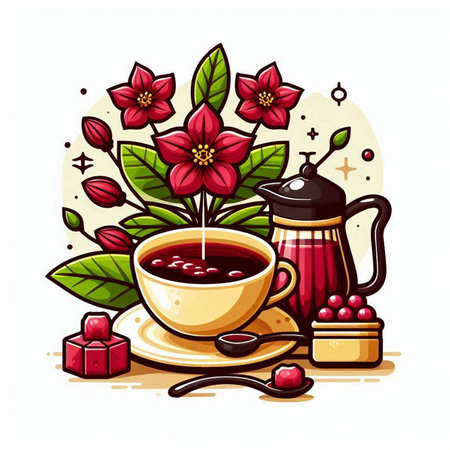 Cup of tea and teapot with flowers. Vector illustration.のイラスト素材