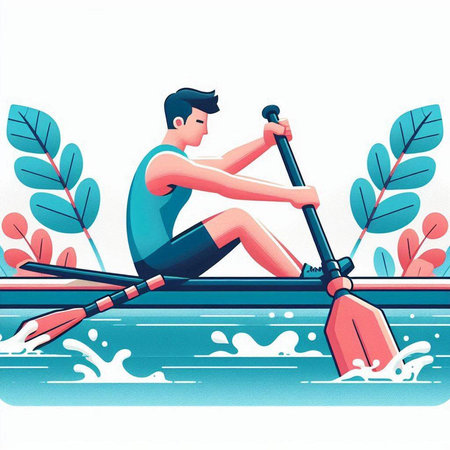 Man rowing on a rowing boat. Vector illustration in retro style.のイラスト素材