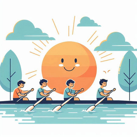 Group of people rowing on the lake. Flat style vector illustration.のイラスト素材