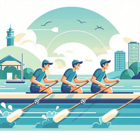 Group of men rowing on the river. Vector illustration in flat styleのイラスト素材