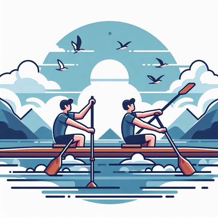 Two men rowing on the lake. Vector illustration in flat styleのイラスト素材