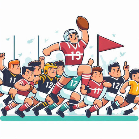 Rugby players in action, vector cartoon illustration on white background.のイラスト素材
