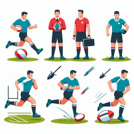 Rugby player. Set of vector illustrations in flat style.のイラスト素材
