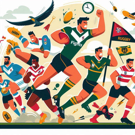 Rugby players in action, vector illustration. Cartoon style.のイラスト素材