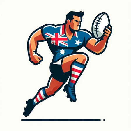 Illustration of a rugby player running with ball done in retro style isolated on white background.のイラスト素材