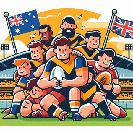Rugby team on the stadium. Vector illustration in cartoon style.のイラスト素材