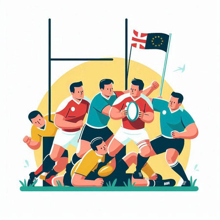 Rugby players with ball and flag. Vector illustration in cartoon style.のイラスト素材