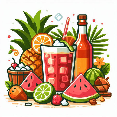 Vector illustration of a set of summer drinks with fruits and berries.のイラスト素材
