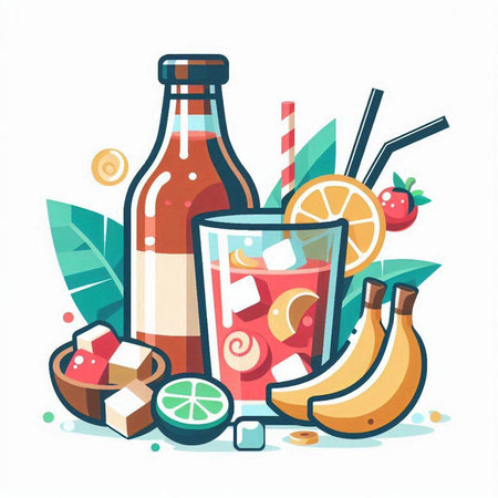 Fruit juice in a bottle and a glass. Vector illustration.のイラスト素材