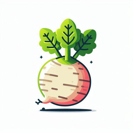 Illustration of turnip with green leaves on white background, vector illustrationのイラスト素材