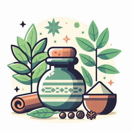 Spa and aromatherapy flat vector illustration. Essential oil bottle, cinnamon, star anise, green leaves.のイラスト素材