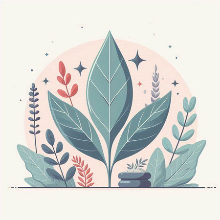 Cute vector illustration with a lot of leaves and plants in pastel colorsのイラスト素材