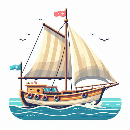 Vintage wooden sailboat on the sea. Vector cartoon illustration.のイラスト素材