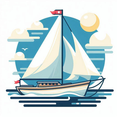 Sailing boat on the sea. Vector illustration in flat style.のイラスト素材