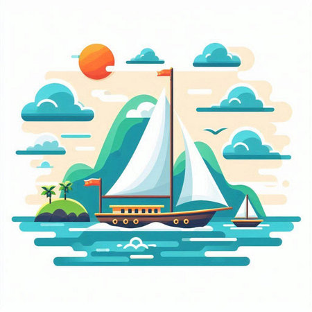 Vector illustration of sailboat on the sea in flat style. Summer vacation concept.のイラスト素材