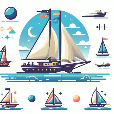 Sailing boats. Vector illustration in flat style on white background.のイラスト素材