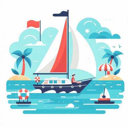 Sailing boat on the sea. Vector illustration in flat style.のイラスト素材